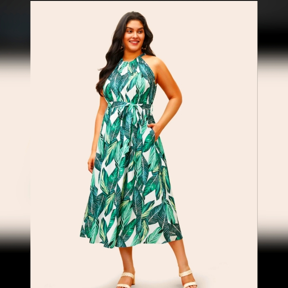 Bloomchic Tropical Green Leaf Print Halter Dress